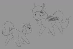 Size: 1280x853 | Tagged: safe, artist:stray prey, imported from derpibooru, oc, oc only, oc:flare, oc:lucent, bat pony, pony, unicorn, cute, duo, ear tufts, female, folded wings, looking at each other, looking at someone, male, monochrome, mother and child, mother and son, simple background, sketch, tongue out, wings