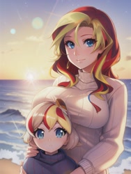 Size: 512x682 | Tagged: safe, editor:sammykun, imported from derpibooru, sunset shimmer, human, ai content, ai generated, beach, beautiful, breasts, busty sunset shimmer, child, clothes, female, generator:novelai, generator:stable diffusion, humanized, looking at you, mother and child, mother and daughter, sunset, sweater