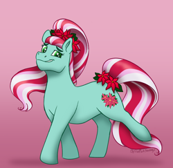 Size: 2636x2564 | Tagged: safe, artist:bella-pink-savage, imported from derpibooru, december poinsettia, earth pony, pony, birthflower ponies, female, flower, flower in hair, g3, gradient background, looking at you, poinsettia, smiling, solo