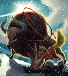 Size: 1800x2000 | Tagged: safe, artist:justgaduh, imported from derpibooru, applejack, bull, pony, boots, butt, duo, female, lasso, male, mare, mouth hold, nose piercing, nose ring, ox, piercing, plot, rope, shoes, snow