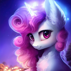 Size: 1024x1024 | Tagged: safe, editor:neurodrawmachine, imported from derpibooru, sweetie belle, pony, unicorn, ai content, ai generated, bust, chest fluff, ear fluff, female, generator:novelai, generator:stable diffusion, glowing, glowing horn, horn, looking at you, portrait, smiling, solo, wrong eye color