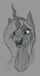 Size: 450x850 | Tagged: safe, artist:stray prey, imported from derpibooru, queen chrysalis, changeling, changeling queen, bust, fangs, green insides, open mouth, portrait, slit pupils, solo, sternocleidomastoid