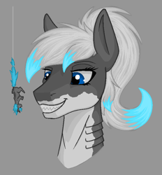 Size: 650x700 | Tagged: safe, artist:stray prey, imported from derpibooru, oc, oc only, oc:lacera viscera, oc:lucent, original species, pony, shark, shark pony, unicorn, bust, duo, gills, gray background, hanging, hanging upside down, imminent vore, micro, portrait, shark teeth, sharp teeth, simple background, smiling, sternocleidomastoid, teeth, upside down