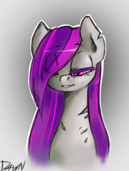 Size: 1125x1489 | Tagged: safe, artist:fore-trekker, imported from derpibooru, oc, oc only, oc:dawn (project horizons), pegasus, pony, fallout equestria, fallout equestria: project horizons, cute, eye clipping through hair, fanfic art, female, gradient background, gray background, hair over one eye, looking at you, mare, open mouth, open smile, outline, pegasus oc, purple mane, scar, smiling, squint, text, white outline