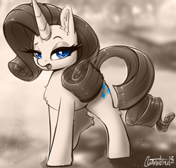 Size: 1054x1006 | Tagged: safe, artist:llametsul, imported from derpibooru, rarity, pony, unicorn, eyebrows, female, looking at you, mare, monochrome, open mouth, raised eyebrow, signature, solo