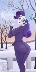 Size: 1500x2980 | Tagged: safe, artist:theretroart88, imported from derpibooru, rarity, human, equestria girls, ass, blushing, breasts, breath, busty rarity, butt, christmas, clothes, female, fence, hat, high res, holiday, lidded eyes, looking at you, looking back, looking back at you, open mouth, rarity's winter hat, rearity, sexy, snow, solo, stupid sexy rarity, tree, ushanka, winter hat, winter outfit