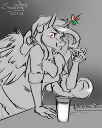 Size: 965x1200 | Tagged: safe, artist:sunny way, imported from derpibooru, princess cadance, alicorn, anthro, blushing, christmas, clothes, cookie, costume, cute, eating, female, food, hat, holiday, horn, mare, milk, mistletoe, patreon, patreon reward, santa claus, santa costume, santa hat, solo, wings
