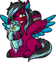 Size: 1649x1831 | Tagged: safe, artist:sexygoatgod, imported from derpibooru, lyra heartstrings, oc, oc:razzmatazz gleam, hybrid, pegasus, pony, derpibooru community collaboration, 2023 community collab, female, looking at you, lyra plushie, one eye closed, pegabat, plushie, simple background, solo, spread wings, sweatband, transparent background, unshorn fetlocks, waving, wings, wink, winking at you