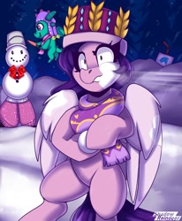 Size: 1850x2250 | Tagged: safe, artist:shadowreindeer, imported from derpibooru, pipp petals, dragon, pegasus, pony, adorapipp, baby, baby dragon, clothes, cute, female, g5, hat, logo, male, mare, meta, scarf, snow, snowball, snowball fight, sparky sparkeroni, twitter, twitter logo, winter