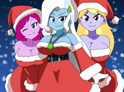 Size: 2144x1599 | Tagged: safe, artist:aokushan, imported from derpibooru, fuchsia blush, lavender lace, trixie, human, equestria girls, big breasts, breasts, busty fuchsia blush, busty lavender lace, busty trixie, christmas, clothes, costume, female, holiday, santa costume, trio, trio female, trixie and the illusions