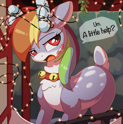 Size: 2772x2811 | Tagged: safe, artist:nookprint, imported from derpibooru, rainbow dash, deer, reindeer, bandaid, bell, bell collar, blue coat, christmas, christmas lights, collar, deer tail, deerified, female, holiday, looking at you, mare, mistletoe, open mouth, pale belly, red eyes, reindeer dash, reindeerified, solo, species swap, speech bubble, stuck, tail, talking to viewer, tangled up