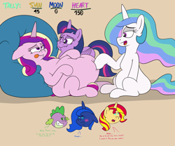 Size: 4604x3837 | Tagged: safe, artist:rupertbluefox, imported from derpibooru, princess cadance, princess celestia, princess luna, spike, sunset shimmer, twilight sparkle, alicorn, dragon, pony, unicorn, series:sunsmoons&heartbellyballoons, bedroom eyes, chibi, chubby, dialogue, fat, fat fetish, female, fetish, grin, incentive drive, luna is not amused, male, missing accessory, missing cutie mark, nervous, nervous grin, poking, princess decadence, smiling, squishy cheeks, this will end in weight gain, tongue out, unamused