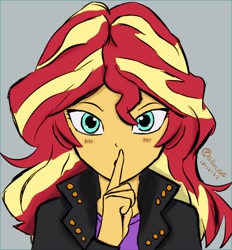 Size: 650x700 | Tagged: safe, artist:glim_gg, imported from derpibooru, sunset shimmer, human, equestria girls, bust, clothes, female, shhh, solo