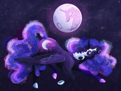 Size: 2048x1535 | Tagged: safe, artist:pink lemonade, imported from derpibooru, nightmare moon, alicorn, pony, fangs, female, full moon, hoers, mare, mare in the moon, moon, night, solo, starry night, stars, wings