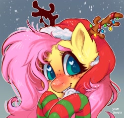Size: 2048x1949 | Tagged: safe, artist:yumkandie, imported from derpibooru, fluttershy, pegasus, pony, antlers, aside glance, blushing, christmas, christmas lights, clothes, cute, female, freckles, hat, holiday, looking at you, mare, raised hooves, santa hat, shyabetes, smiling, smiling at you, snow, snowfall, socks, solo, stray strand, striped socks, three quarter view