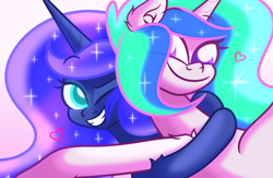 Size: 6000x3900 | Tagged: safe, artist:iceflower99, imported from derpibooru, princess celestia, princess luna, alicorn, pony, ear fluff, female, floating heart, freckles, heart, hug, missing accessory, one eye closed, shoulder fluff, shoulder freckles, siblings, sisters, smiling, video at source, video in description, wholesome