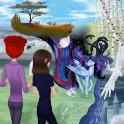 Size: 1300x1300 | Tagged: safe, artist:avroras_world, imported from derpibooru, oc, oc only, human, city, ethereal mane, female, flying, galaxy mane, helicopter, mare, tree