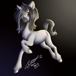 Size: 1024x1024 | Tagged: safe, artist:avroras_world, imported from derpibooru, oc, oc only, pony, unicorn, chest fluff, female, hair over one eye, mare, signature, smiling, solo, unshorn fetlocks