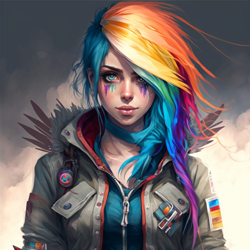 Size: 1024x1024 | Tagged: safe, editor:nevereverevr, imported from derpibooru, rainbow dash, human, ai content, ai generated, clothes, female, generator:midjourney, humanized, jacket, looking at you