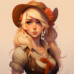 Size: 1024x1024 | Tagged: safe, editor:nevereverevr, imported from derpibooru, applejack, human, ai content, ai generated, cowboy hat, female, generator:midjourney, hat, humanized, stetson