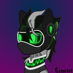 Size: 2000x2000 | Tagged: safe, artist:tcgamebot, imported from derpibooru, oc, oc only, oc:monolith, pegasus, pony, robot, robot pony, bust, glowing, glowing eyes, gradient background, headphones, male, portrait, roboticization, screen, solo, stallion