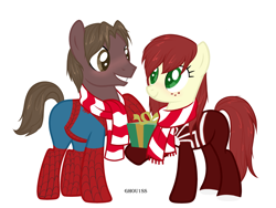 Size: 3740x2815 | Tagged: safe, artist:ghou1ss, imported from derpibooru, earth pony, pony, blushing, christmas, clothes, commission, duo, female, freckles, grin, heart, holiday, looking at each other, looking at someone, male, mare, marvel, mary jane watson, peter parker, ponified, present, raised hoof, scarf, simple background, smiling, spider-man, spider-woman, stallion, straight, striped scarf, superhero, superhero costume, unshorn fetlocks, white background, ych result