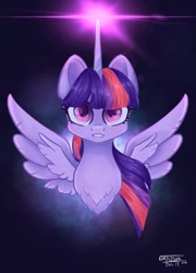 Size: 764x1063 | Tagged: safe, artist:klv2500, imported from derpibooru, twilight sparkle, alicorn, pony, bust, chest fluff, female, glowing, glowing horn, grin, horn, mare, signature, smiling, solo, spread wings, twilight sparkle (alicorn), wings