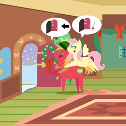 Size: 2160x2160 | Tagged: safe, anonymous artist, imported from derpibooru, big macintosh, fluttershy, earth pony, pegasus, pony, series:fm holidays, series:hearth's warming advent calendar 2022, advent calendar, christmas, female, fluttermac, fluttershy's cottage, hat, high res, holiday, hug, hug from behind, lineless, looking at each other, looking at someone, looking into each others eyes, male, mare, open mouth, open smile, pictogram, pointy ponies, shipping, smiling, snow, stallion, straight, thermometer, winter