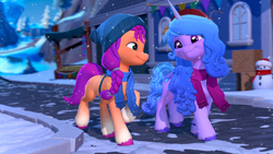Size: 3840x2160 | Tagged: safe, artist:owlpirate, imported from derpibooru, izzy moonbow, sunny starscout, earth pony, pony, unicorn, 3d, clothes, cute, duo, female, g5, hat, izzybetes, looking at each other, looking at someone, mare, scarf, smiling, smiling at each other, snow, snowfall, sunnybetes, walking, winter, winter outfit