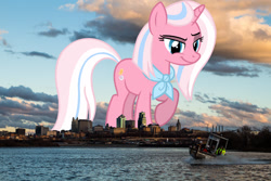 Size: 1600x1067 | Tagged: safe, artist:jaredking779, artist:raindashesp, imported from derpibooru, clear sky, pony, unicorn, eyebrows, female, giant pony, giant unicorn, giantess, highrise ponies, irl, kansas city, macro, mare, mega giant, missouri, neckerchief, photo, ponies in real life, raised eyebrow, raised hoof