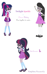 Size: 790x1246 | Tagged: safe, artist:prettycelestia, imported from twibooru, octavia melody, sci-twi, twilight sparkle, belt buckle, bowtie, clothes, curly hair, detailed, fusion, glasses, image, mary janes, png, shoes, striped mane, uniform