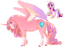 Size: 1900x1400 | Tagged: safe, artist:neighbaby, imported from derpibooru, princess cadance, alicorn, pony, bald face, blaze (coat marking), coat markings, colored hooves, colored wings, curly fetlocks, curved horn, facial markings, female, heart, heart mark, horn, looking at you, mare, multicolored mane, multicolored tail, multicolored wings, side view, simple background, smiling, smiling at you, socks (coat markings), solo, tail, unshorn fetlocks, white background, wings