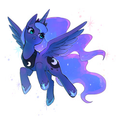 Size: 969x1000 | Tagged: safe, artist:hosikawa, imported from derpibooru, princess luna, alicorn, pony, female, flying, horn, mare, simple background, solo, spread wings, white background, wings