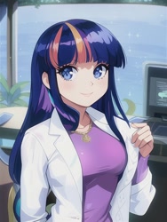 Size: 512x682 | Tagged: safe, editor:sammykun, imported from derpibooru, twilight sparkle, human, equestria girls, ai content, ai generated, anime style, breasts, bust, busty twilight sparkle, clothes, female, generator:novelai, generator:stable diffusion, humanized, jewelry, lab coat, laboratory, looking at you, necklace, smiling, solo, window
