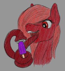Size: 550x600 | Tagged: safe, artist:stray prey, imported from derpibooru, oc, oc only, oc:bloodworm, original species, pony, body horror, eating, eldritch abomination, female, food, gray background, long tongue, mare, open mouth, popsicle, simple background, solo, sternocleidomastoid, tongue out