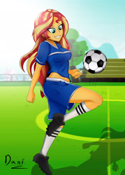Size: 2268x3170 | Tagged: safe, artist:danielitamlp, imported from derpibooru, sunset shimmer, human, equestria girls, ball, bleachers, breasts, clothes, female, football, grass, midriff, raised leg, shoes, shorts, signature, soccer field, socks, solo, sports, uniform