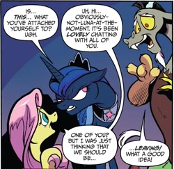 Size: 1260x1223 | Tagged: safe, idw, imported from derpibooru, discord, fluttershy, princess luna, alicorn, draconequus, pegasus, cosmos, crown, implied cosmos, jealous, jewelry, official comic, possessed, regalia, shadow