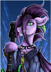 Size: 928x1313 | Tagged: safe, artist:jamescorck, imported from derpibooru, oc, oc only, bat pony, pony, bat pony oc, bat wings, clothes, commission, digital art, electric guitar, guitar, looking at you, male, musical instrument, solo, wings