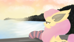 Size: 1764x1013 | Tagged: safe, anonymous artist, imported from derpibooru, fluttershy, bat pony, bat ponified, bat wings, clothes, cloud, fangs, female, flutterbat, looking at something, mare, race swap, scenery, smiling, socks, solo, striped socks, sunset, water, wings