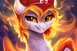 Size: 2112x1408 | Tagged: safe, editor:mr-bat, imported from derpibooru, daybreaker, alicorn, pony, abstract background, ai content, ai generated, bust, chest fluff, female, fire, generator:stable diffusion, hat, mane of fire, nurse hat, nurse outfit, pony ears, smiling, solo, teeth, white body, wings