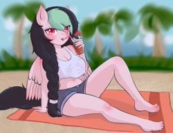 Size: 2048x1582 | Tagged: safe, artist:starfishkitty, imported from derpibooru, oc, oc only, oc:galactic lights, anthro, pegasus, plantigrade anthro, barefoot, belly button, clothes, cocktail umbrella, drink, feet, food, glass, palm tree, pegasus oc, shorts, straw, tea, toes, tree