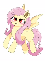 Size: 1530x2048 | Tagged: safe, artist:leo19969525, imported from derpibooru, fluttershy, bat pony, hybrid, pegasus, pony, cute, ears, ears up, female, flutterbat, flying, hair, mane, mare, race swap, red eyes, shyabates, shyabetes, simple background, solo, spread wings, tail, white background, wings