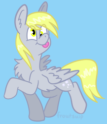 Size: 684x789 | Tagged: safe, artist:froutsuip, imported from derpibooru, derpy hooves, pegasus, pony, :p, blue background, chest fluff, silly, silly pony, simple background, solo, spread wings, tongue out, wings