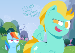 Size: 7016x4961 | Tagged: safe, artist:realgero, imported from derpibooru, lightning dust, rainbow dash, pegasus, pony, dialogue, duo, duo female, eyelashes, female, floating wings, looking at each other, looking at someone, mare, no pupils, wings
