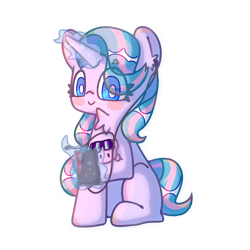 Size: 3543x3543 | Tagged: safe, artist:cro, imported from derpibooru, oc, oc only, oc:凌云, pony, unicorn, derpibooru community collaboration, 2023 community collab, cellphone, earbuds, eye clipping through hair, magic, phone, simple background, smartphone, telekinesis, transparent background, white pupils