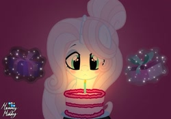 Size: 2048x1423 | Tagged: safe, artist:mommymidday, imported from derpibooru, oc, oc only, oc:mommy midday, pony, unicorn, :<, birthday, birthday cake, blushing, cake, candle, food, magic, magic aura, present, show accurate, signature, solo, sparkly eyes, telekinesis, wingding eyes