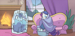 Size: 910x440 | Tagged: safe, artist:jenna ayoub, idw, imported from derpibooru, rarity, pony, unicorn, clothes, dress, fireplace, ice, little women, my little pony classics reimagined: little fillies, solo, wat