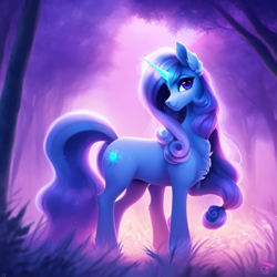 Size: 1024x1024 | Tagged: safe, imported from derpibooru, pony, unicorn, ai content, ai generated, bad anatomy, chest fluff, cute, ear fluff, female, flowing mane, flowing tail, fog, forest, generator:purplesmart.ai, generator:stable diffusion, glowing, glowing horn, horn, mare, smiling, solo, tail