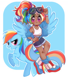 Size: 1480x1680 | Tagged: safe, artist:purin-sama, imported from derpibooru, kotobukiya, rainbow dash, human, pegasus, pony, cute, dark skin, dashabetes, female, human ponidox, humanized, kotobukiya rainbow dash, mare, self paradox, self ponidox, spread wings, wings