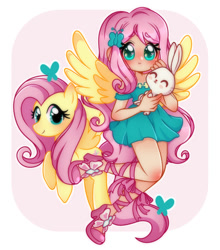 Size: 640x726 | Tagged: safe, artist:purin-sama, imported from derpibooru, kotobukiya, angel bunny, fluttershy, human, pegasus, pony, clothes, cute, dress, female, fluttershy boho dress, human ponidox, humanized, kotobukiya fluttershy, legs, mare, self paradox, self ponidox, shyabetes, skirt, sleeveless, sleeveless dress